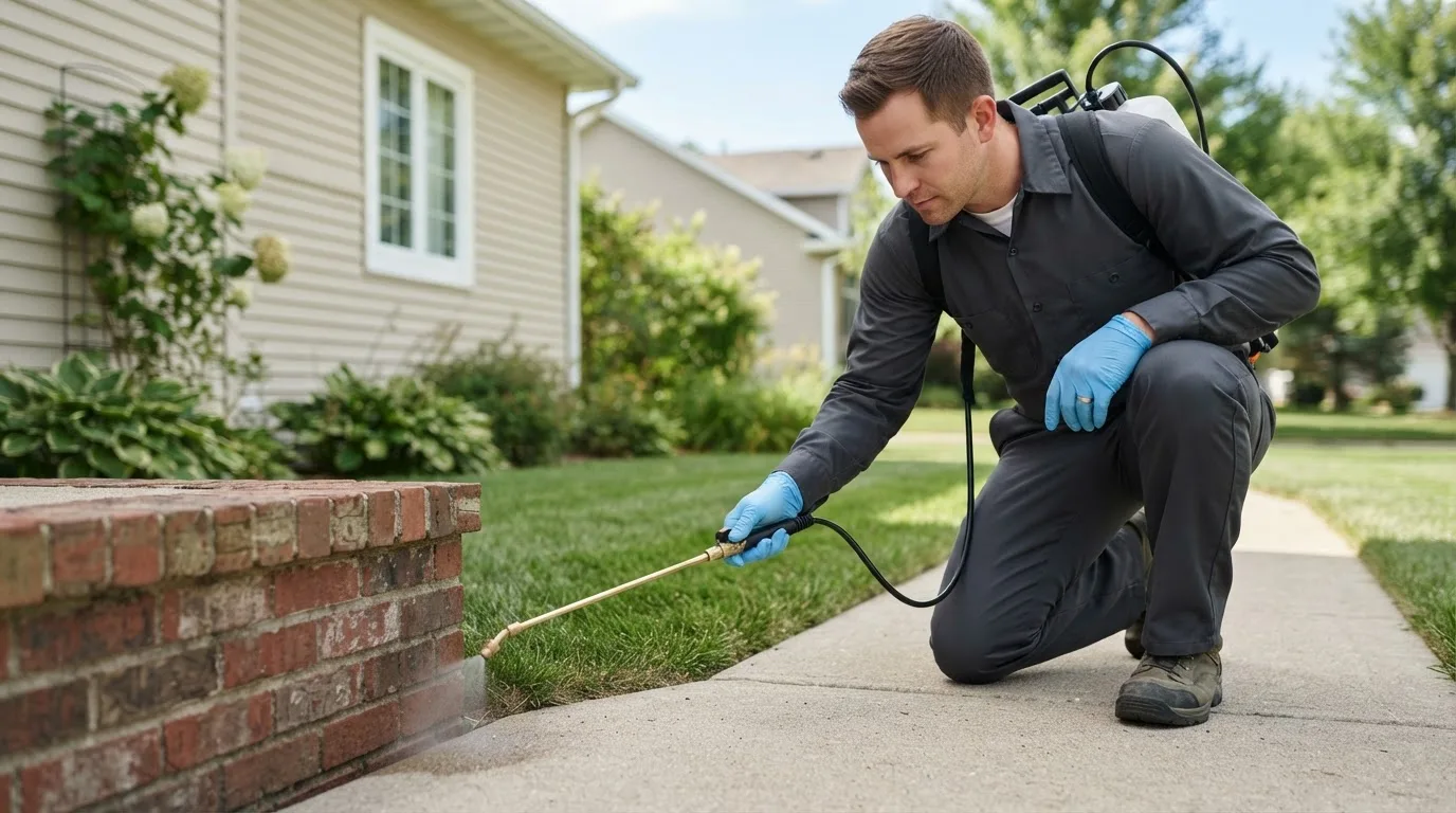 Pest control technician treating a home near Redfield, IA