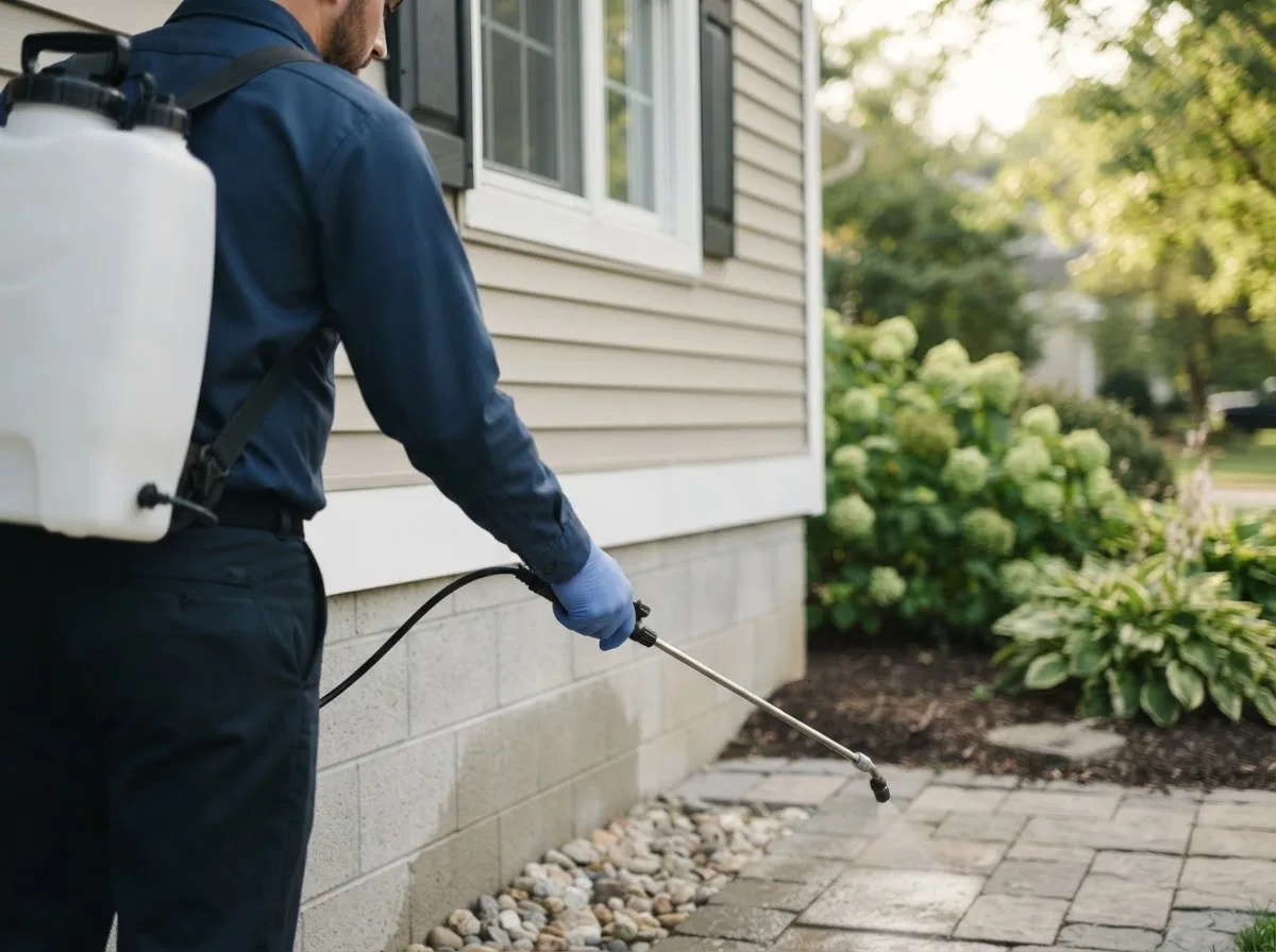 Pest control technician inspecting a home in Redfield, IA